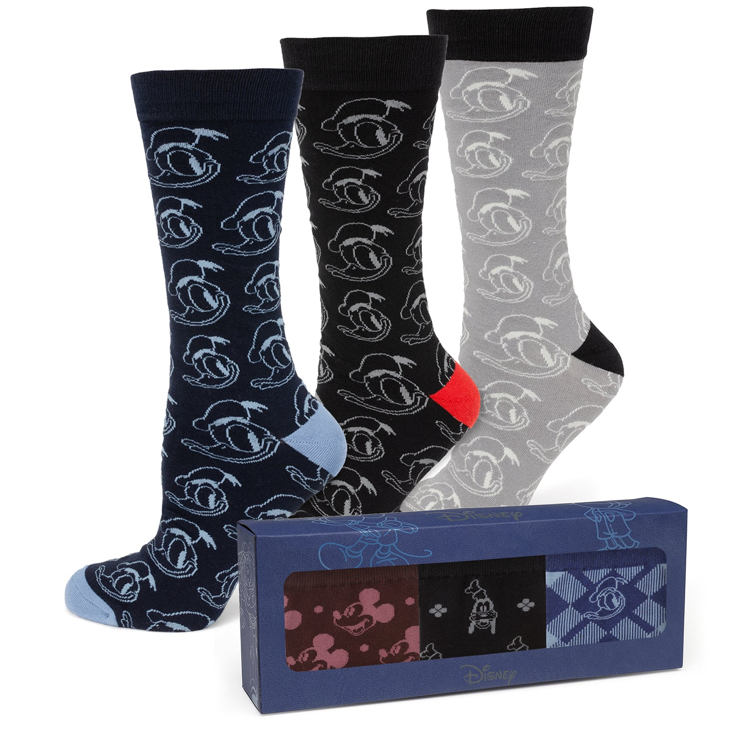 Disney Donald Duck Black Gift Set featuring three pairs of Donald Duck socks and a Mickey Mouse silhouette lapel pin. Officially licensed by Disney.