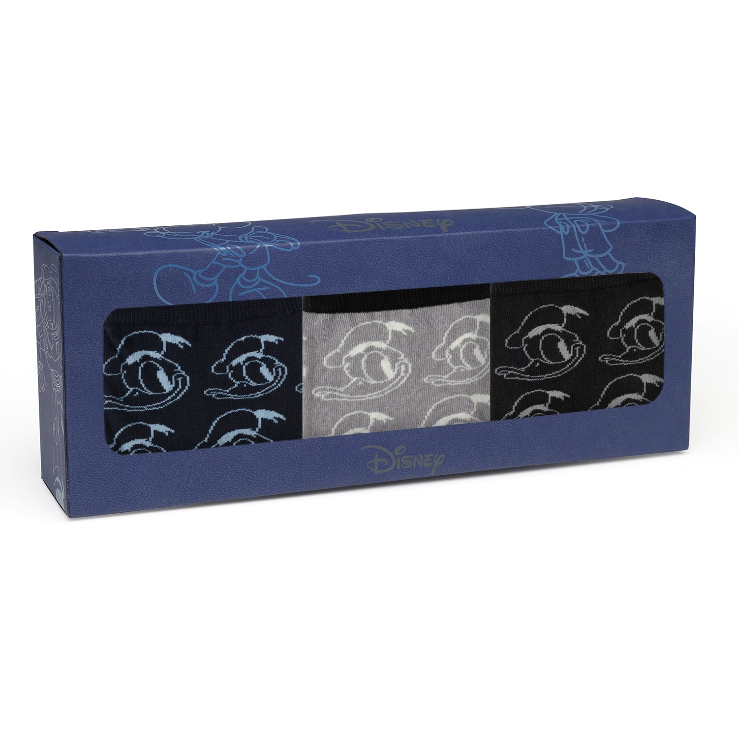 Disney Donald Duck Black Gift Set featuring three pairs of Donald Duck socks and a Mickey Mouse silhouette lapel pin. Officially licensed by Disney.