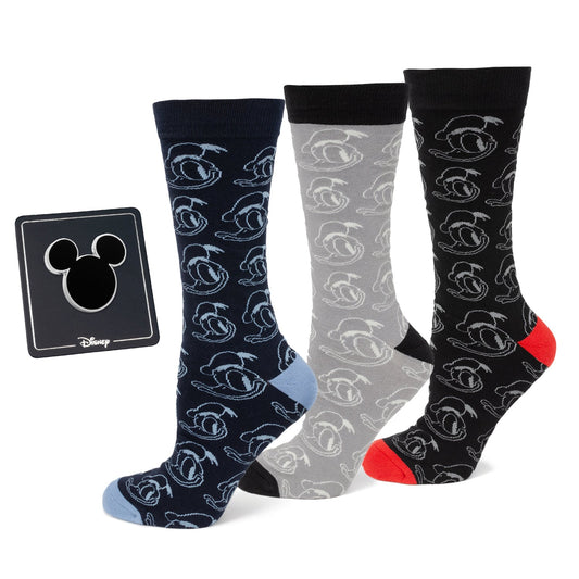 Disney Donald Duck Black Gift Set featuring three pairs of Donald Duck socks and a Mickey Mouse silhouette lapel pin. Officially licensed by Disney.