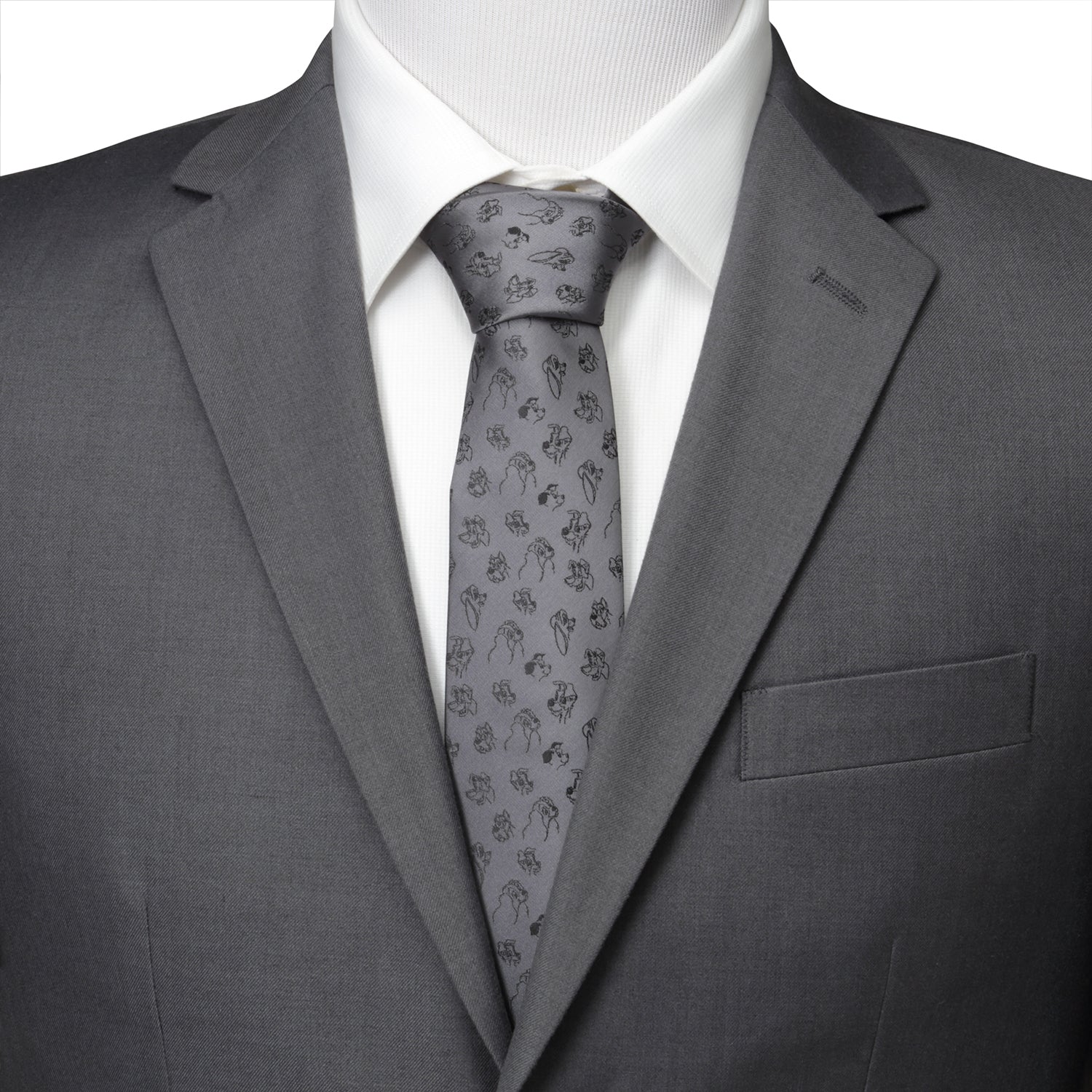 Gray suit with a patterned tie on a white background Lady and the Tramp