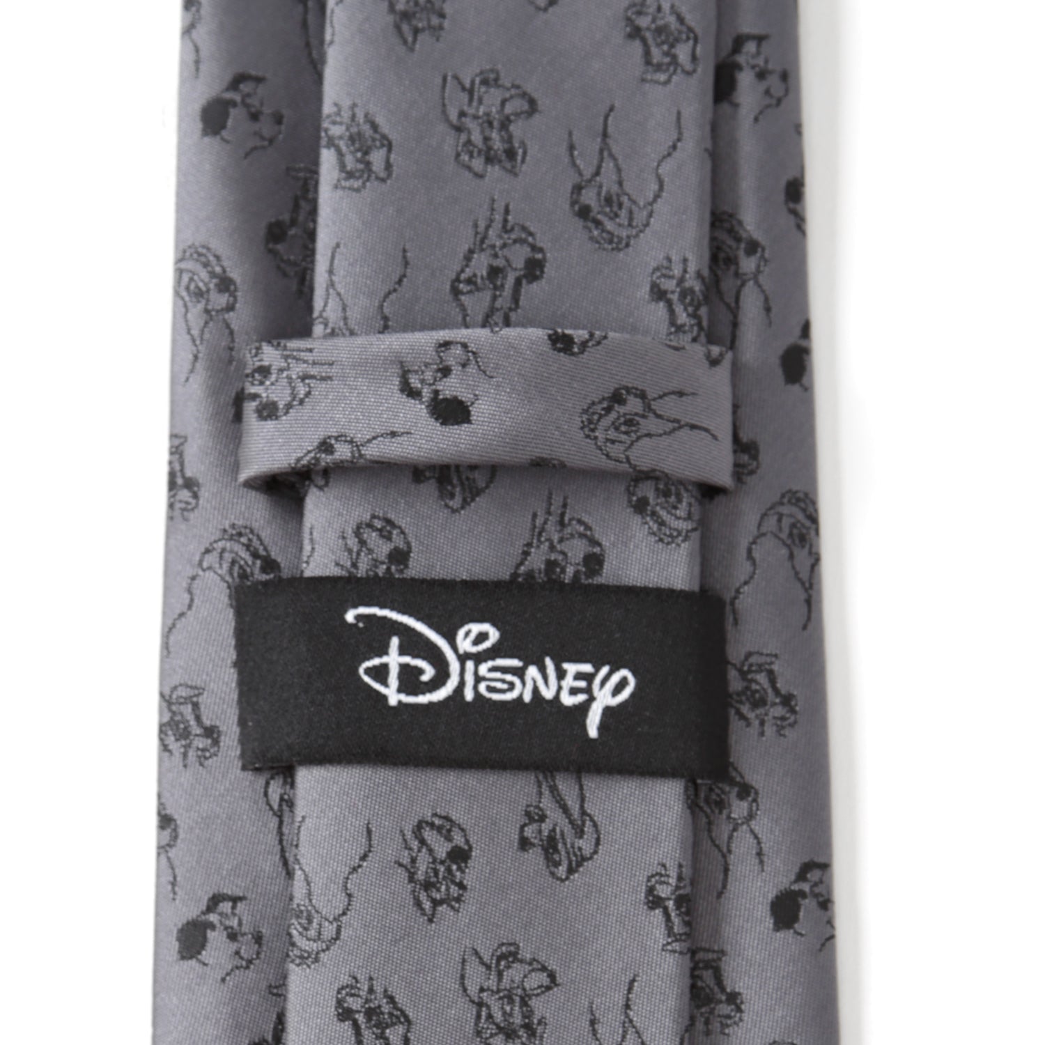 Gray tie with black animal illustrations and a Disney logo on a white background Lady and the Tramp