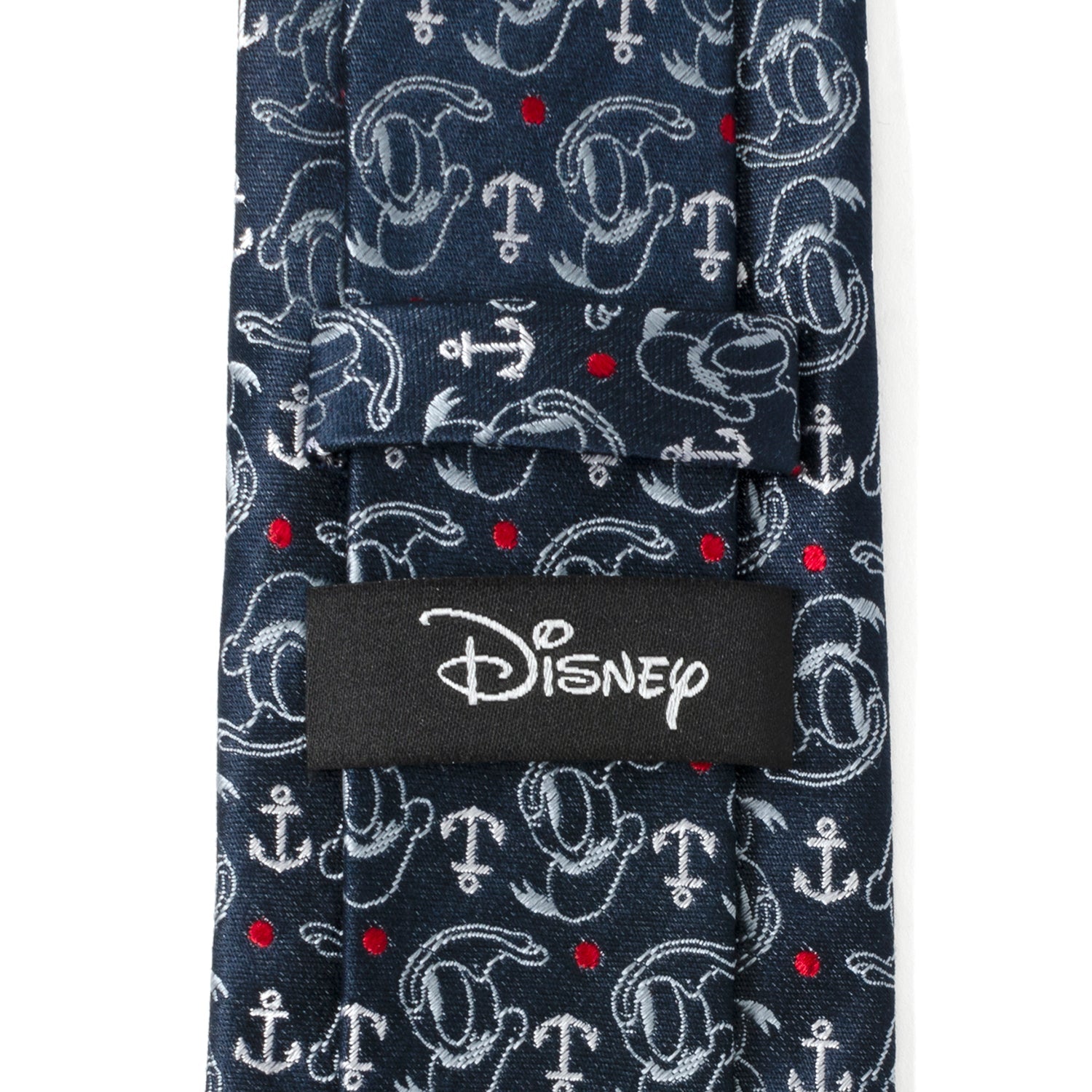 Navy tie with anchor pattern and Disney logo on a white background
