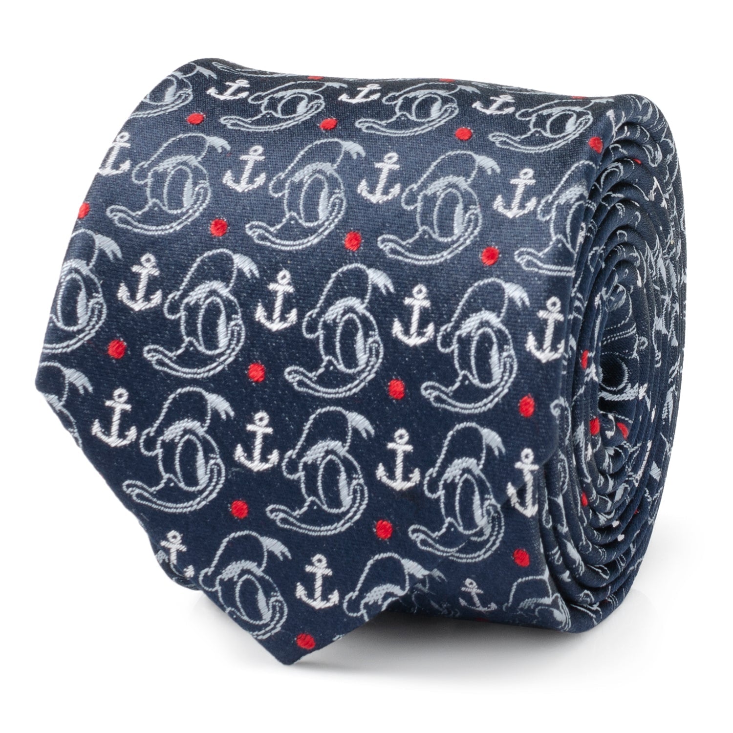 Navy blue tie with white anchor and red dot pattern on a white background Donald Duck
