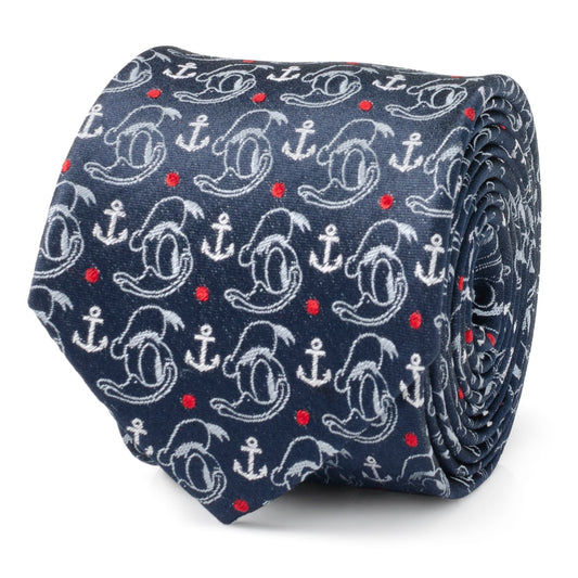 Navy blue tie with white anchor and red dot pattern on a white background Donald Duck