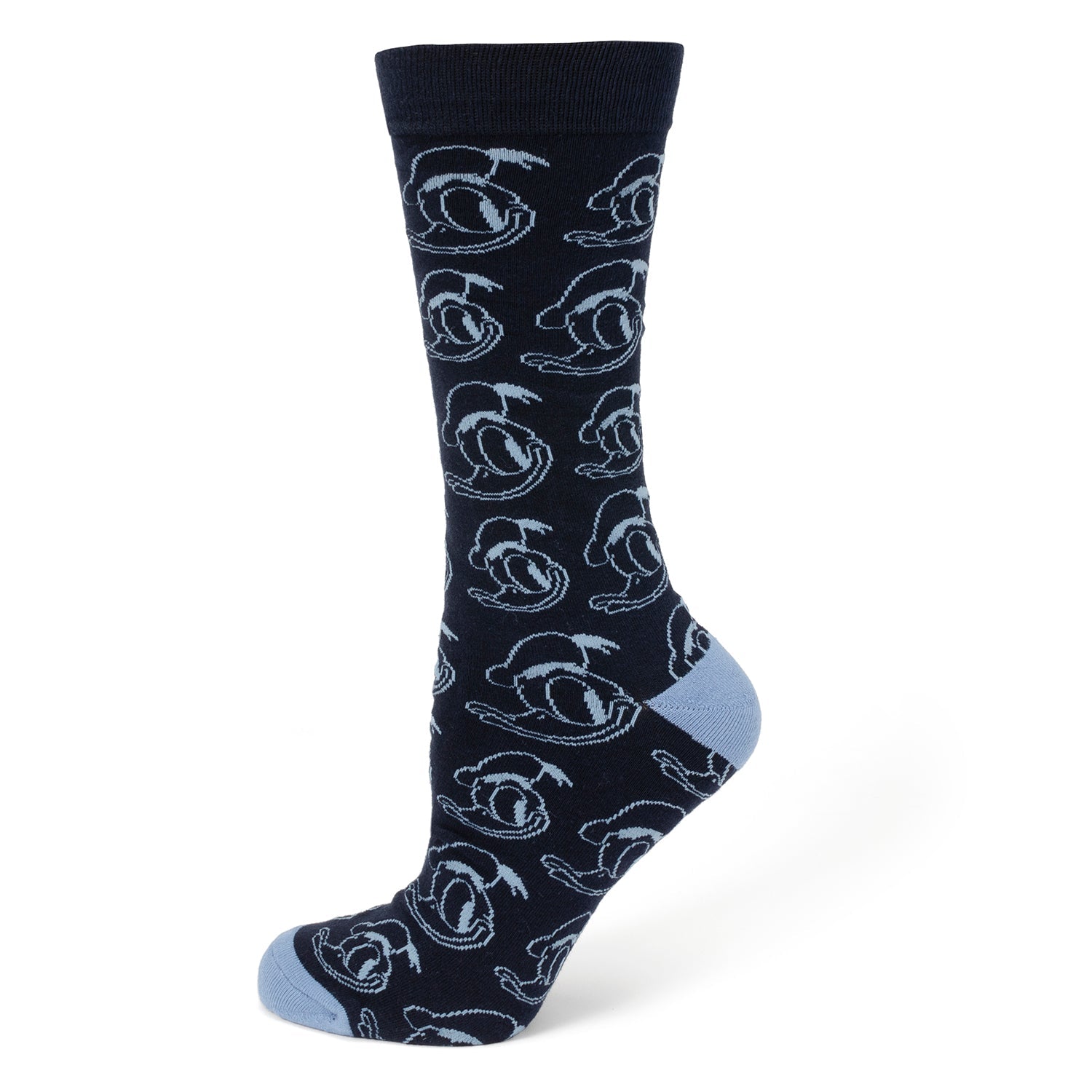 Disney Donald Duck Patterned Blue Socks and Mickey Mouse Blue Lapel Pin Gift Set for men. Officially licensed by Disney.