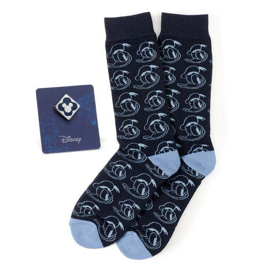 Disney Donald Duck Patterned Blue Socks and Mickey Mouse Blue Lapel Pin Gift Set for men. Officially licensed by Disney.