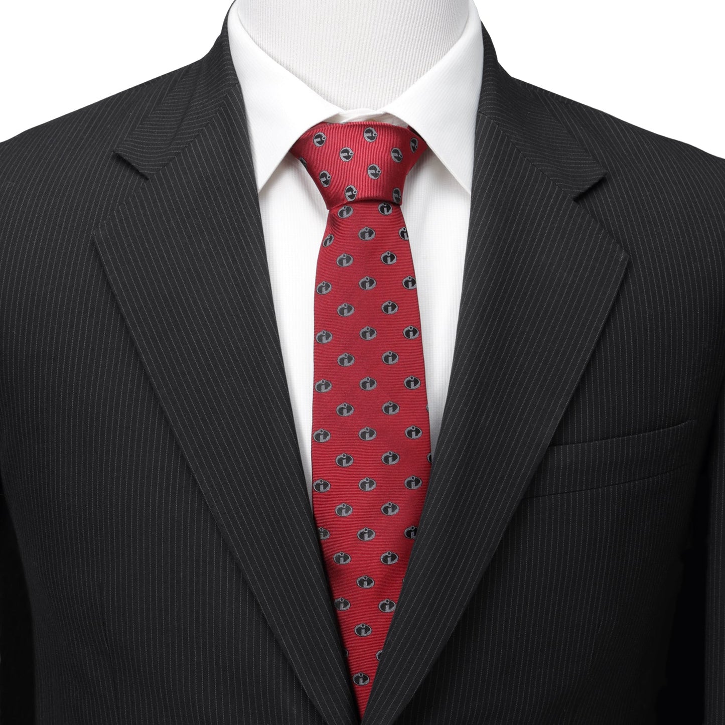 Black suit jacket with a white shirt and red patterned tie on a mannequin. The Incredibles