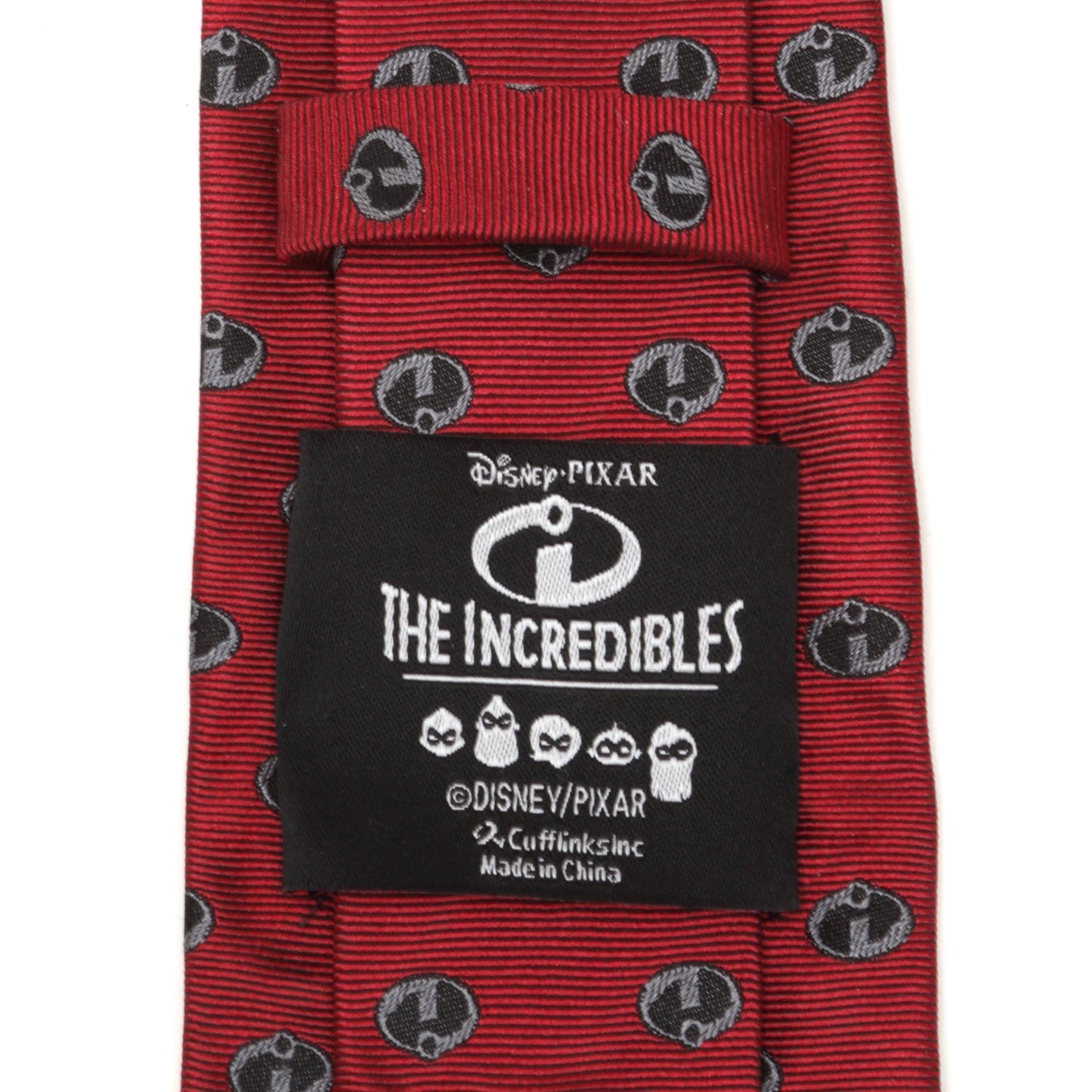 Red tie with black logo pattern and Disney/Pixar 'The Incredibles' label.