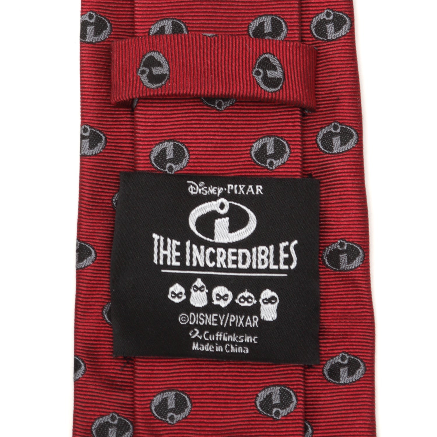 Red tie with black logo pattern and Disney/Pixar 'The Incredibles' label.