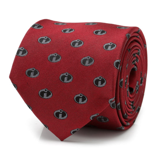 Red tie with black and gray logo pattern on a white background The Incredibles