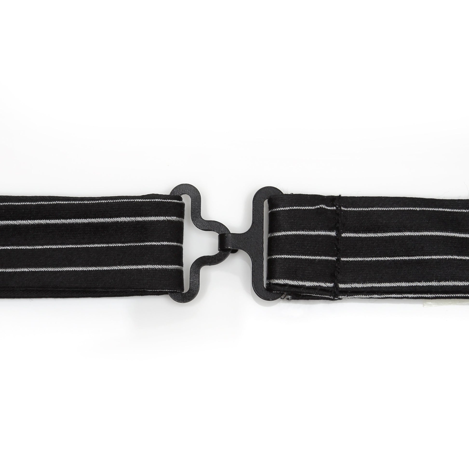 Black and white striped belt with a metal buckle on a white background