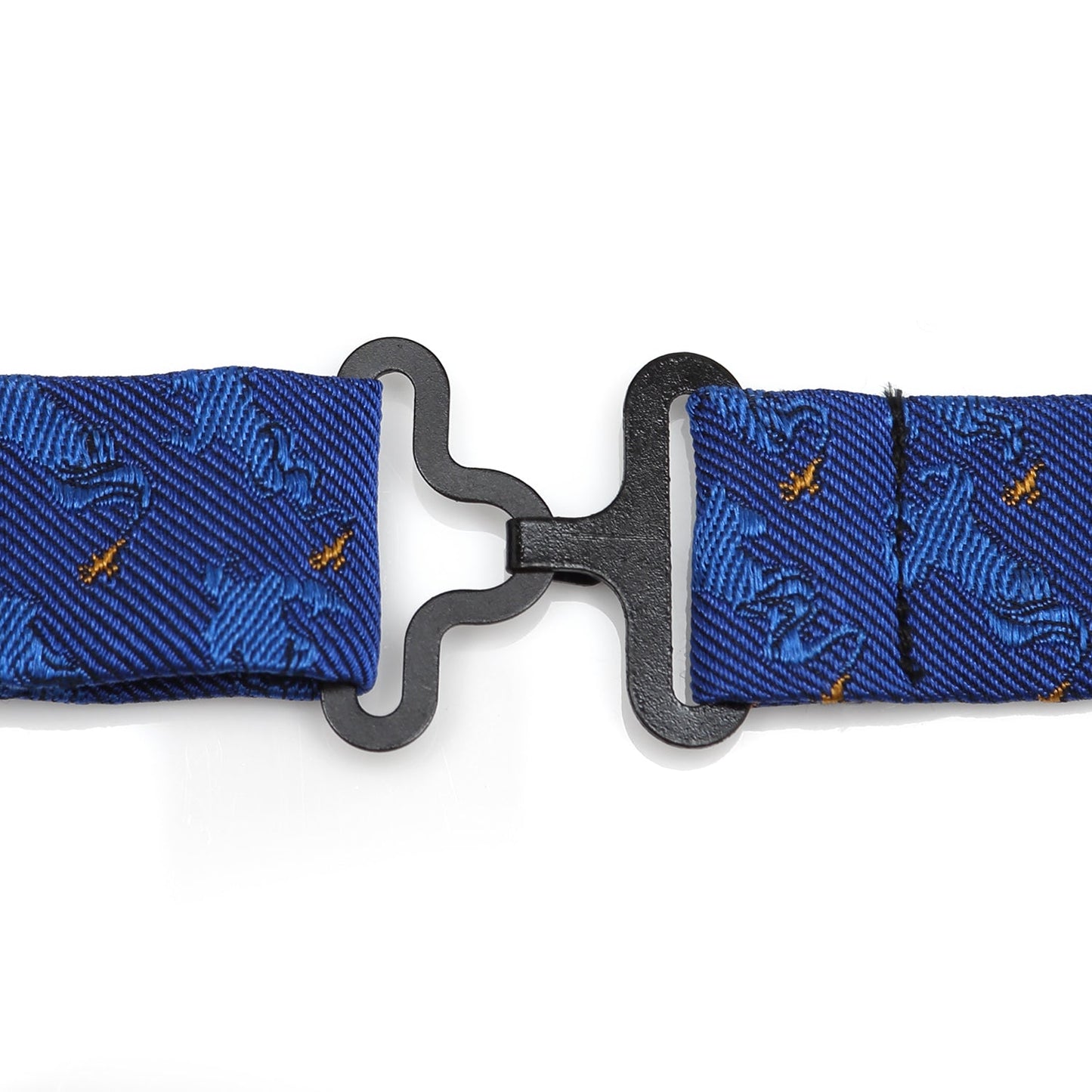 Blue woven belt with a black buckle on a white background