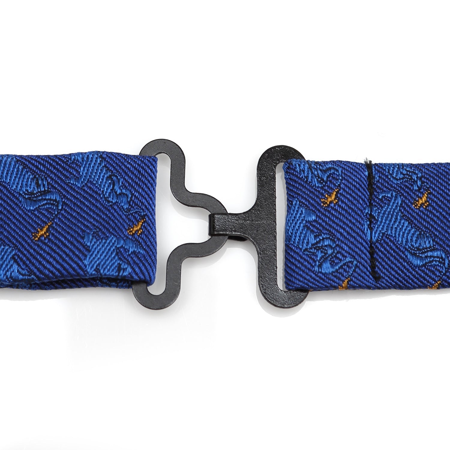 Blue woven belt with a black buckle on a white background