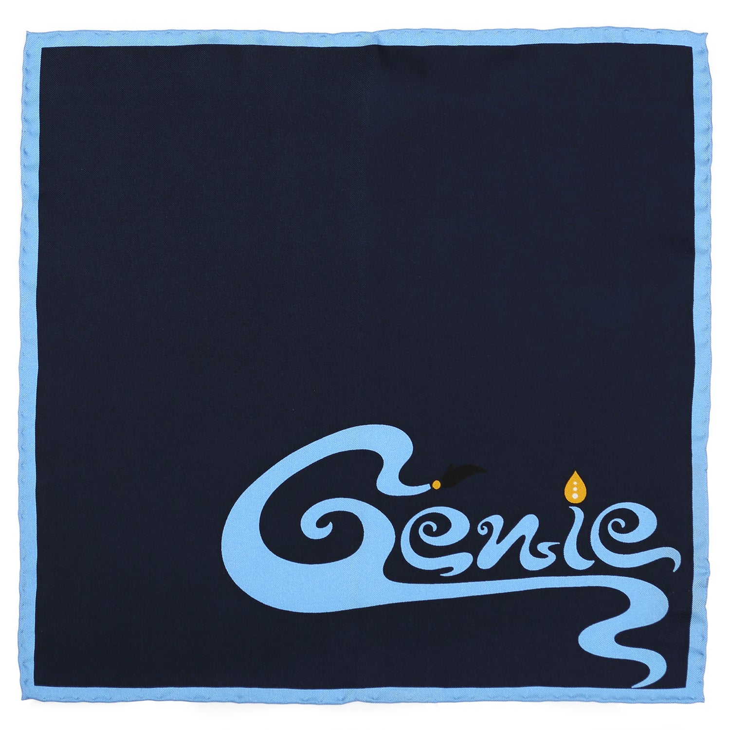 Blue square napkin with blue 'Genie' logo and design