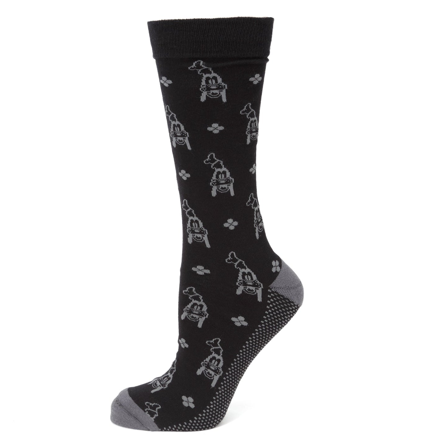 Black sock with white paw print pattern on a white background