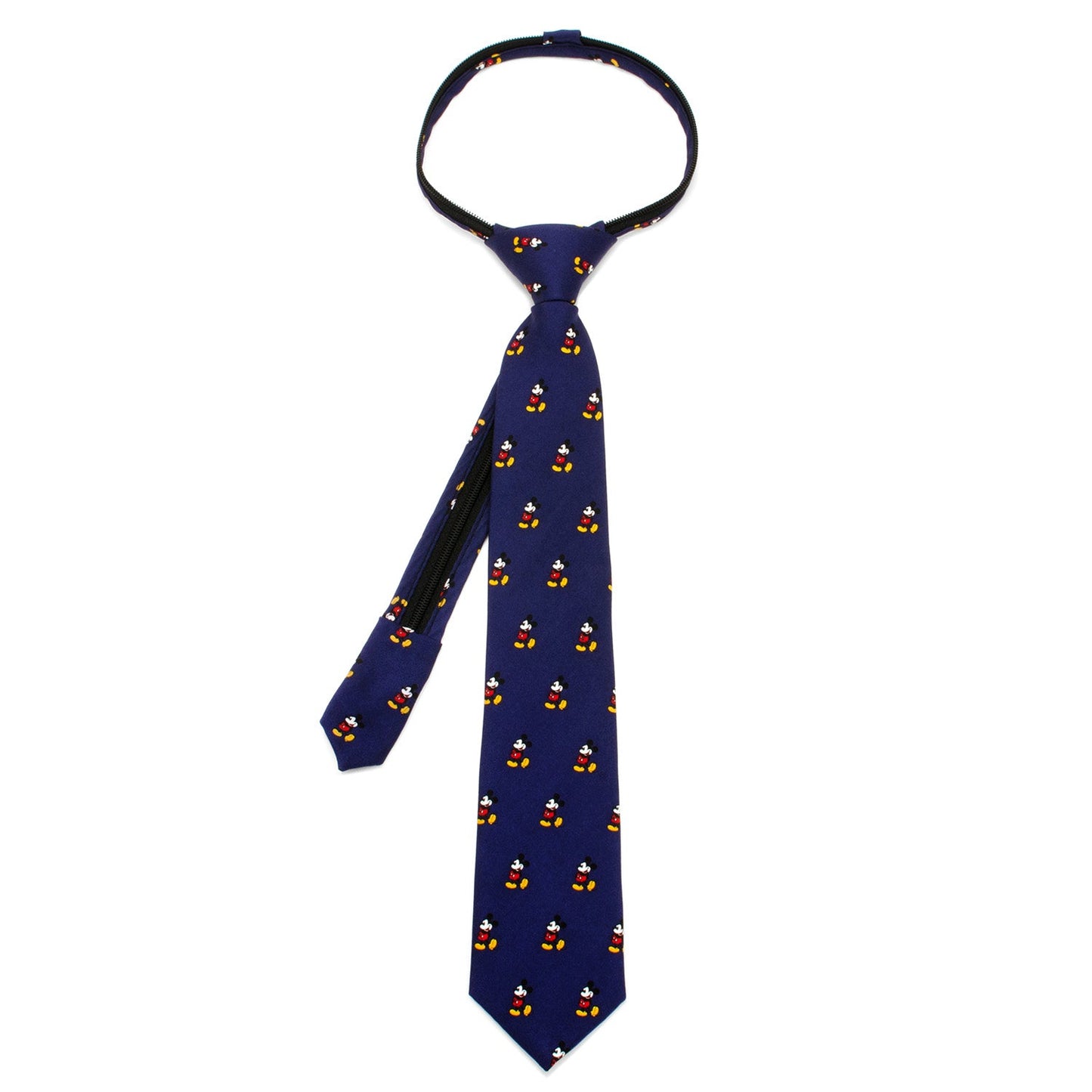 Navy blue Disney Mickey Mouse Classic Boys’ Zipper Tie featuring Mickey pattern. 100% silk, pre-tied, and officially licensed by Disney.