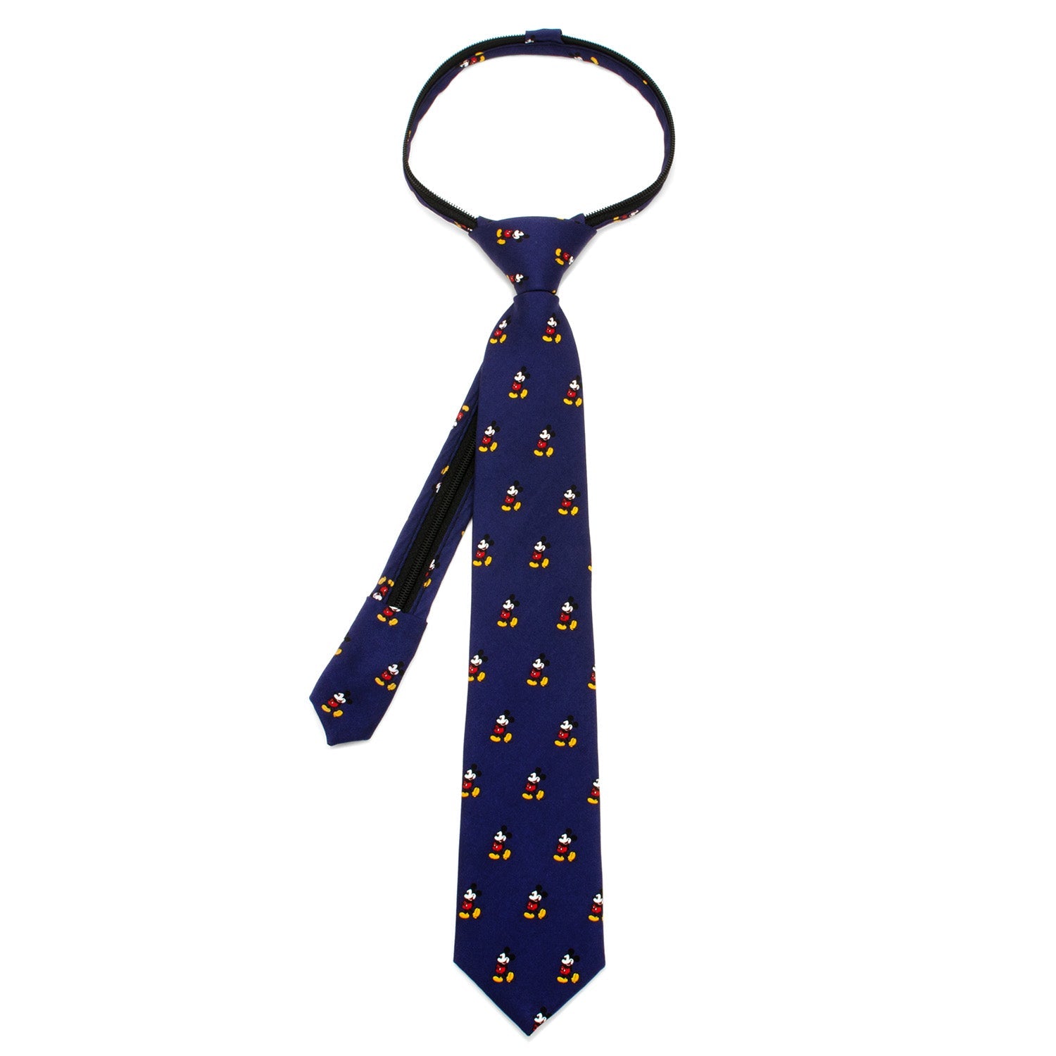 Navy blue Disney Mickey Mouse Classic Boys’ Zipper Tie featuring Mickey pattern. 100% silk, pre-tied, and officially licensed by Disney.
