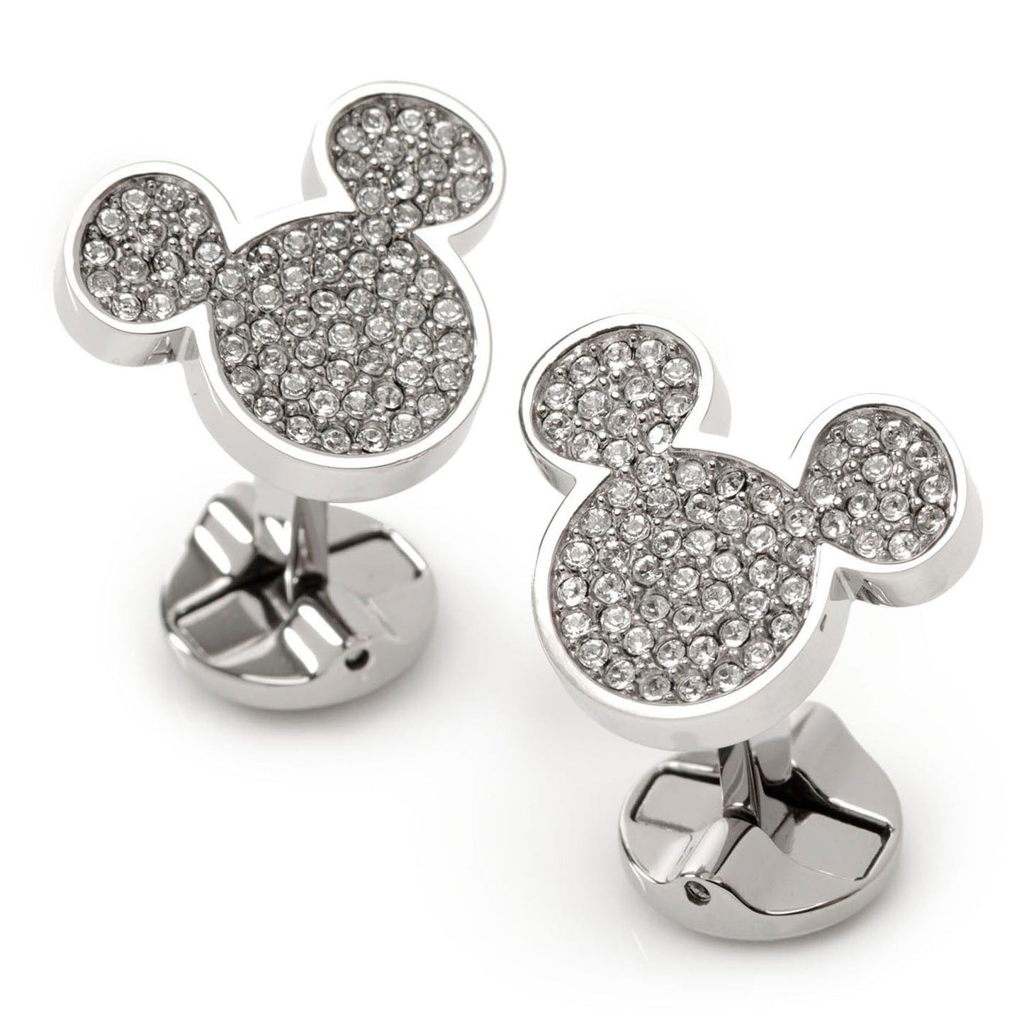 Mickey Mouse-shaped cufflinks with crystal details on a white background