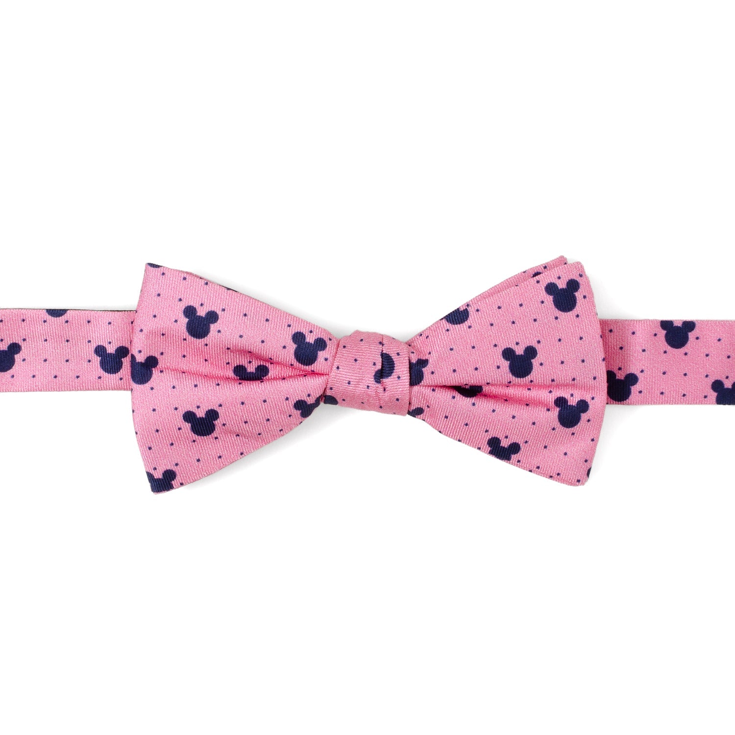 Pink bow tie with black mickey mouse head pattern on a white background