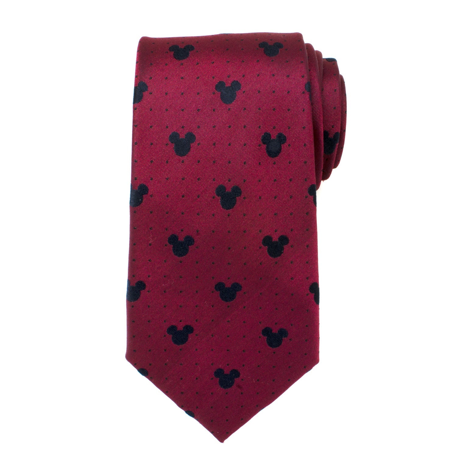 Red tie with black mickey mouse head pattern on a white background
