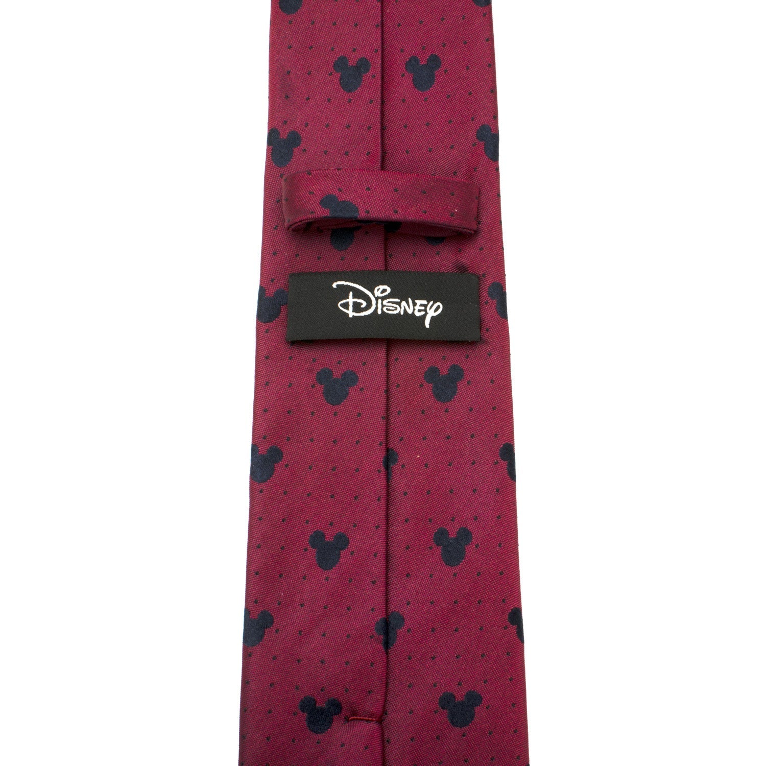 Red tie with black mickey mouse heads and Disney logo on a white background