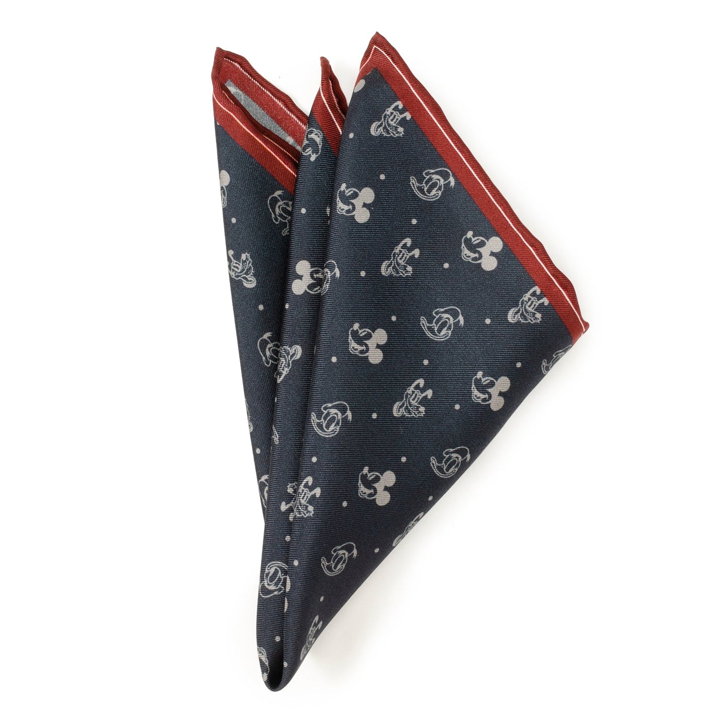 Disney Mickey and Friends Silk Pocket Square featuring navy background with white Mickey, Donald, and Pluto motifs and a burgundy border. Officially licensed by Disney.