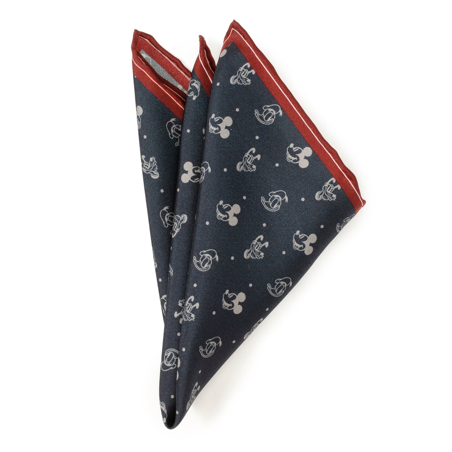 Disney Mickey and Friends Silk Pocket Square featuring navy background with white Mickey, Donald, and Pluto motifs and a burgundy border. Officially licensed by Disney.