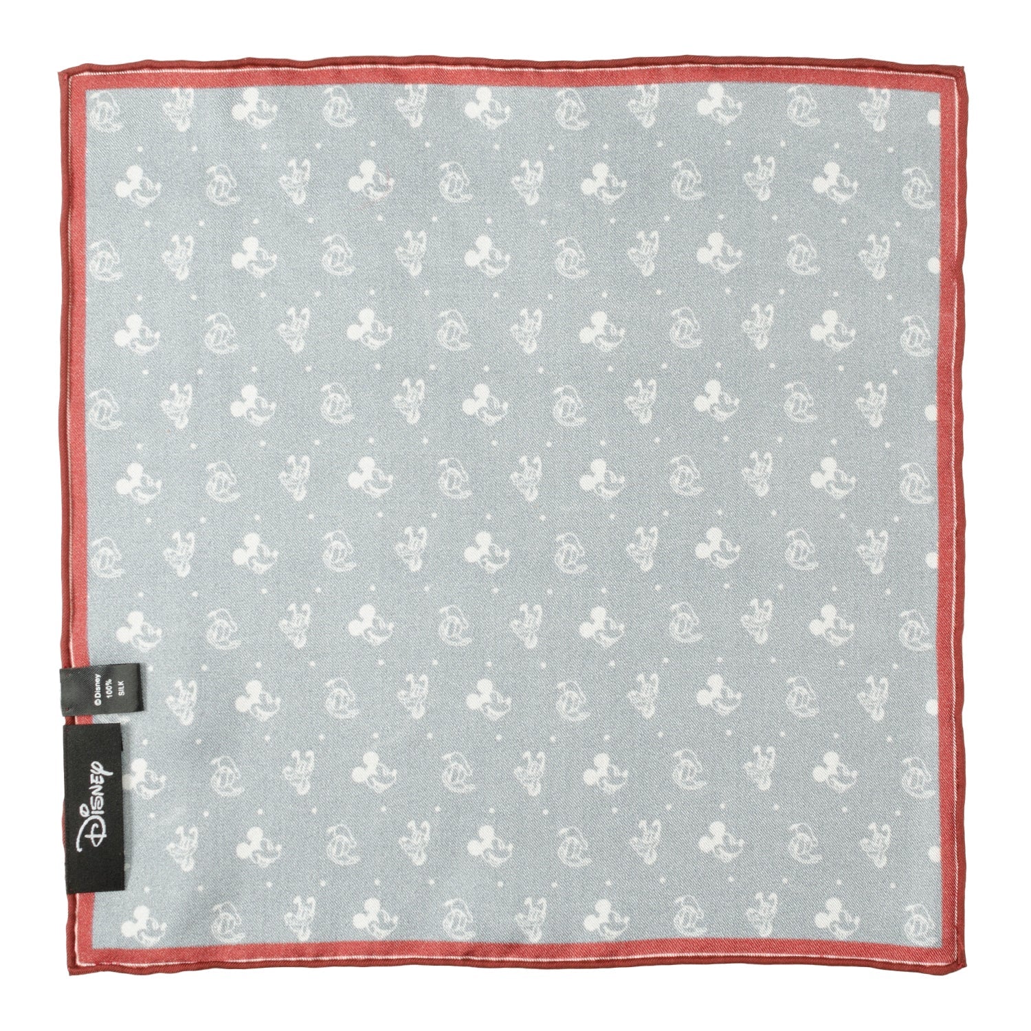 Disney Mickey and Friends Silk Pocket Square featuring navy background with white Mickey, Donald, and Pluto motifs and a burgundy border. Officially licensed by Disney.