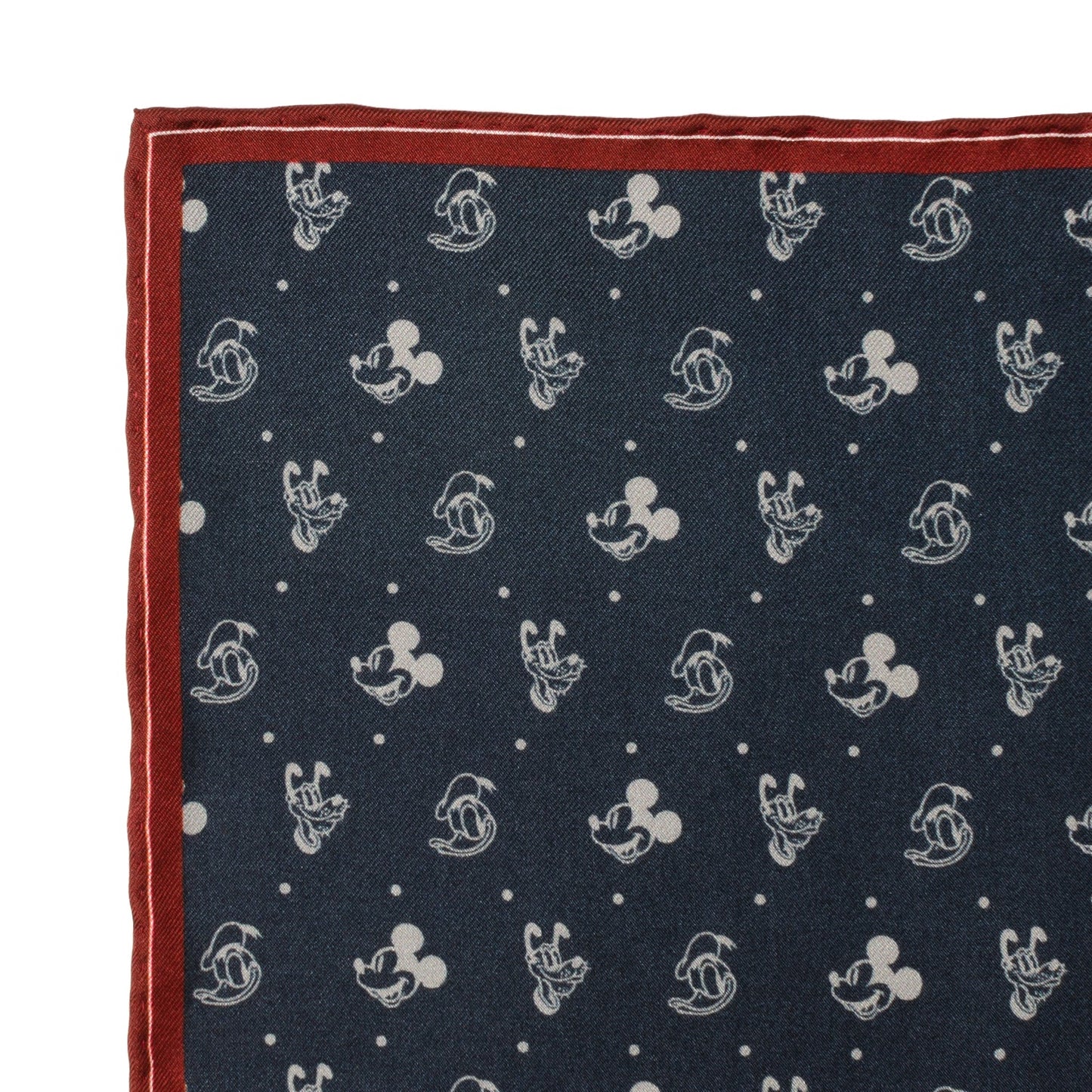 Disney Mickey and Friends Silk Pocket Square featuring navy background with white Mickey, Donald, and Pluto motifs and a burgundy border. Officially licensed by Disney.