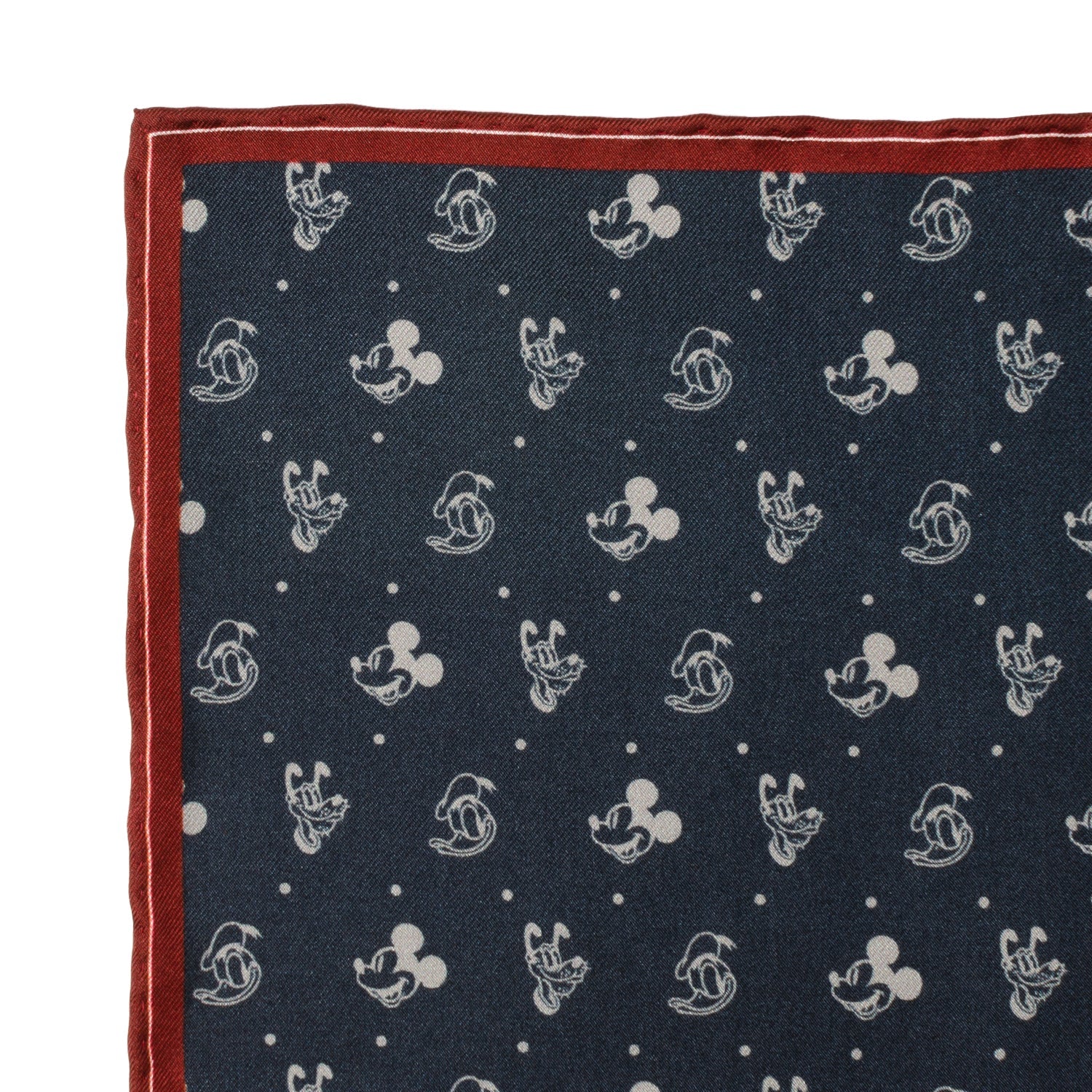 Disney Mickey and Friends Silk Pocket Square featuring navy background with white Mickey, Donald, and Pluto motifs and a burgundy border. Officially licensed by Disney.