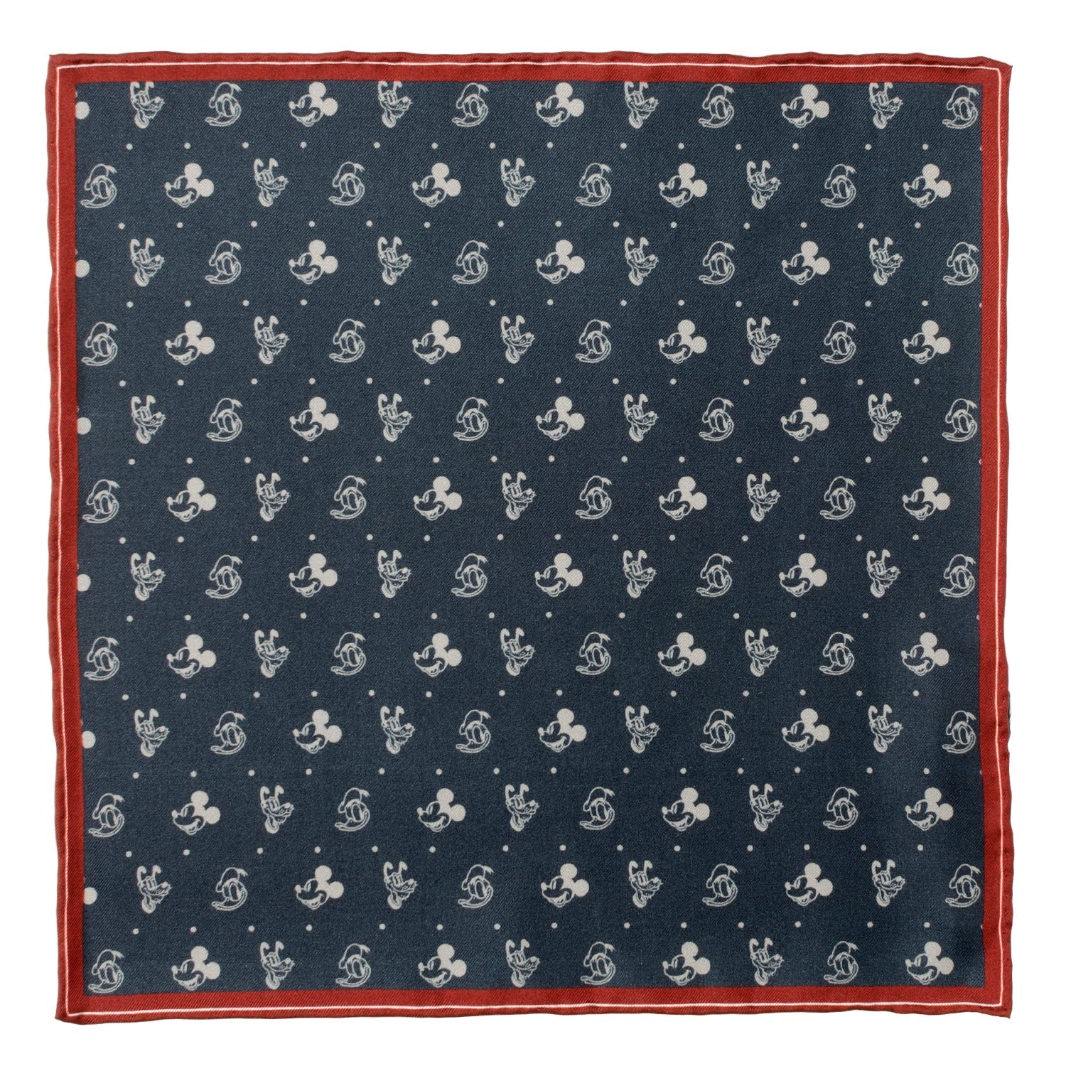 Disney Mickey and Friends Silk Pocket Square featuring navy background with white Mickey, Donald, and Pluto motifs and a burgundy border. Officially licensed by Disney.