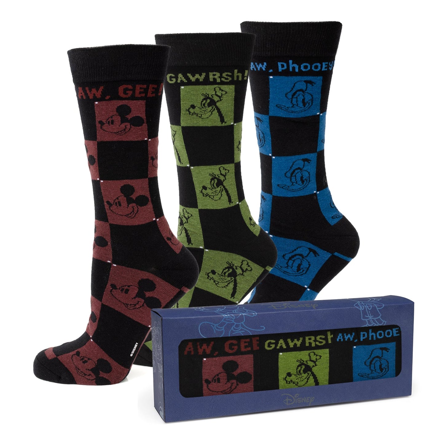 Disney Mickey and Friends Checkered Black Gift Set featuring three colorful character socks and a black Mickey lapel pin. Officially licensed by Disney.