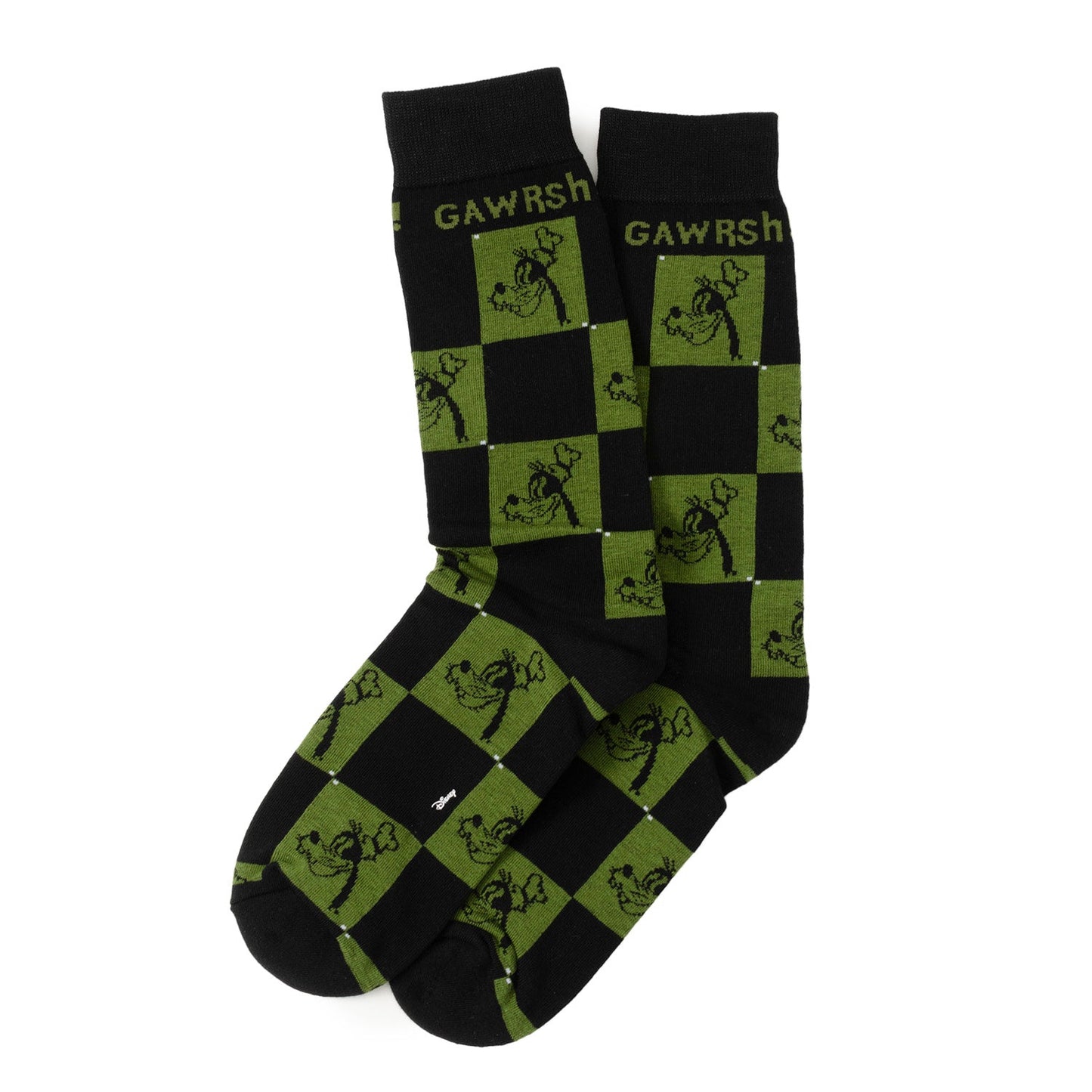 Black and green checkered socks with 'GAWBsh' text on a white background