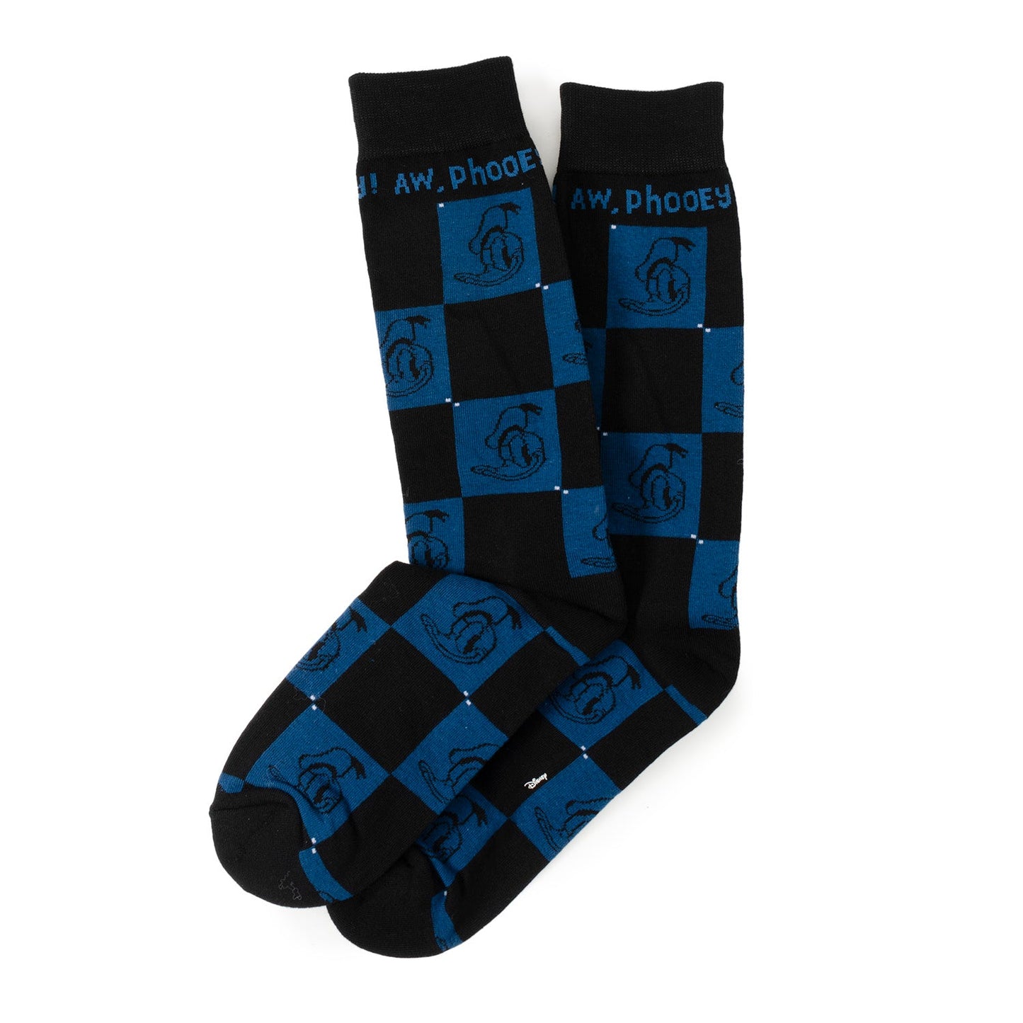 Black socks with blue checkered pattern on a white background