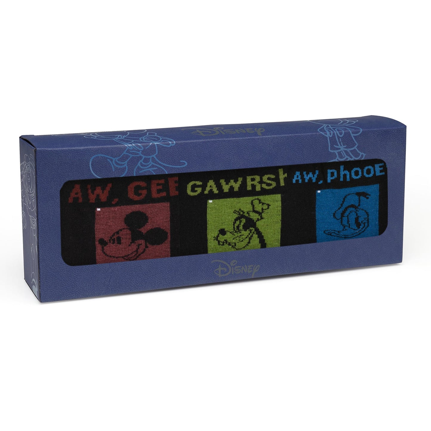 Box of Disney-themed socks with cartoon characters and text on a white background