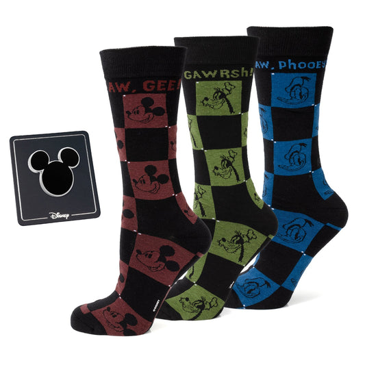 Disney Mickey and Friends Checkered Black Gift Set featuring three colorful character socks and a black Mickey lapel pin. Officially licensed by Disney.