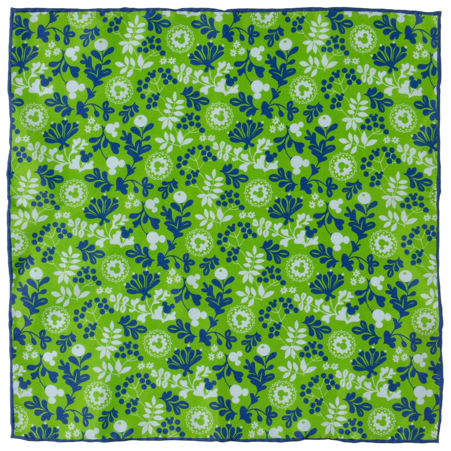 Floral patterned fabric with blue and white flowers on a green background hidden Mickey Mouse