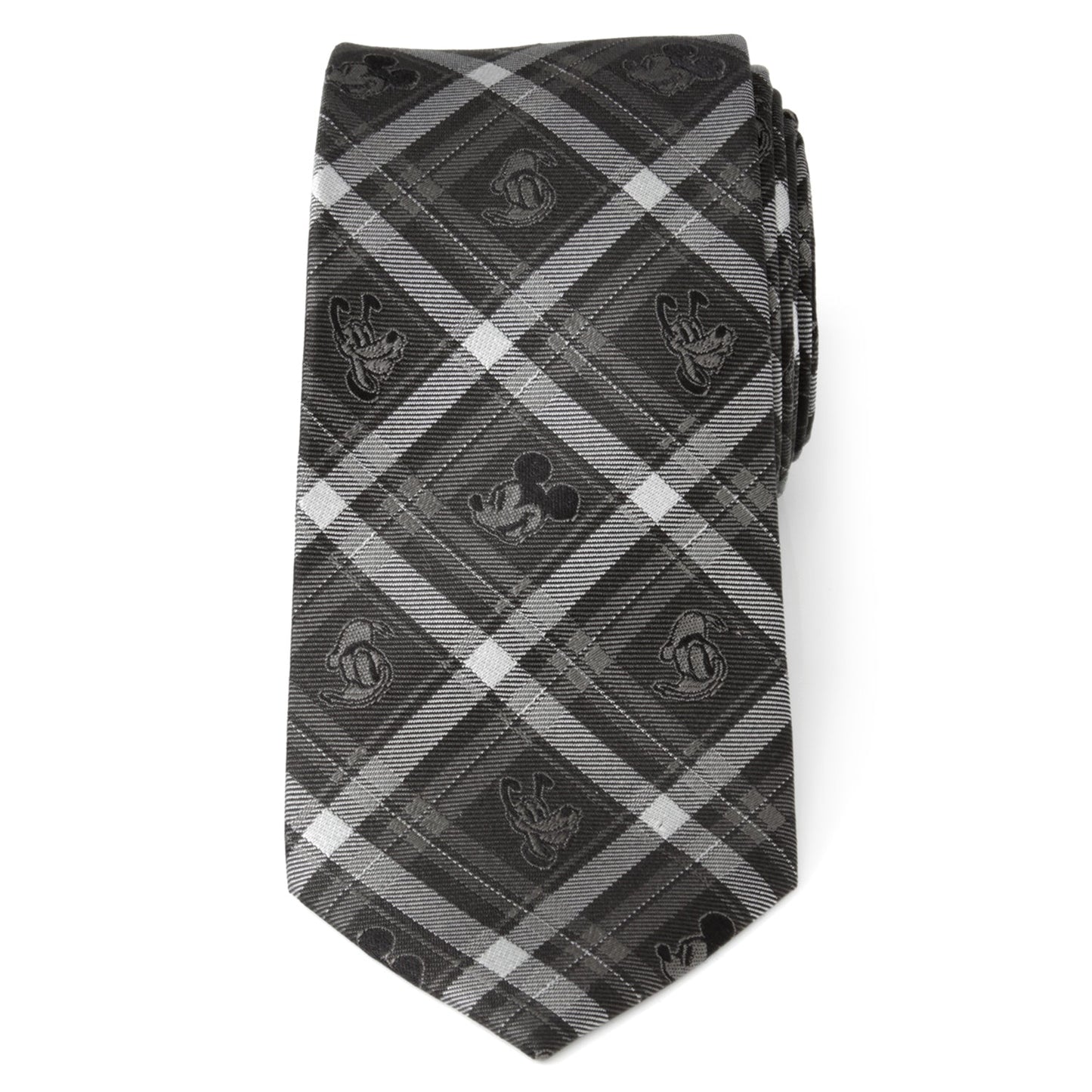 Black and gray plaid tie with Mickey Mouse icons on a white background