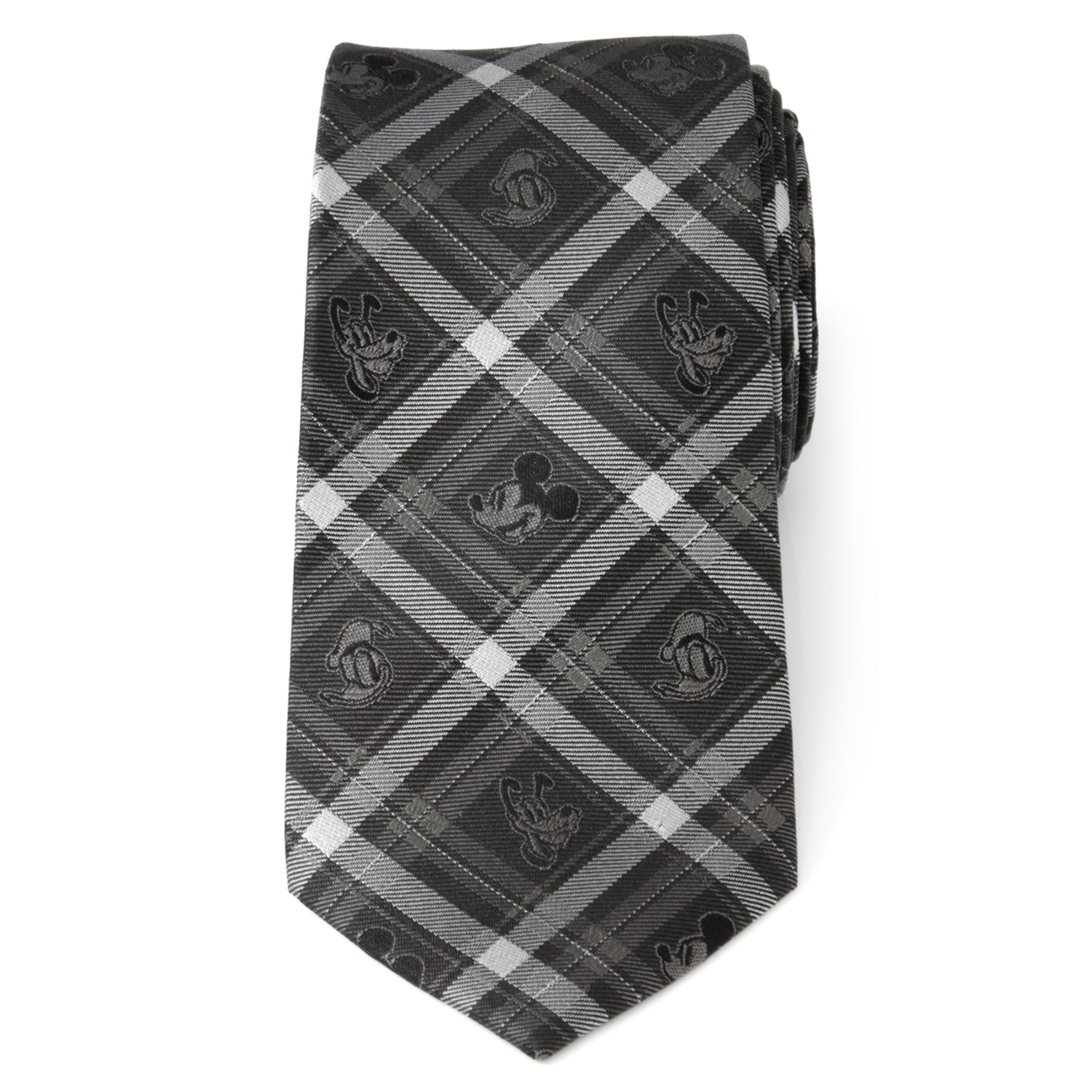 Black and gray plaid tie with Mickey Mouse icons on a white background