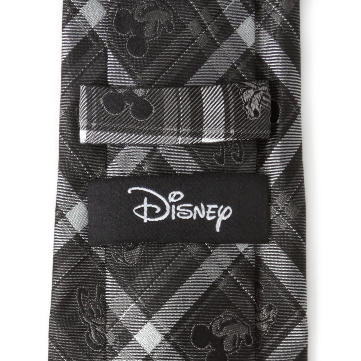 Black and gray patterned tie with Disney logo on a white background