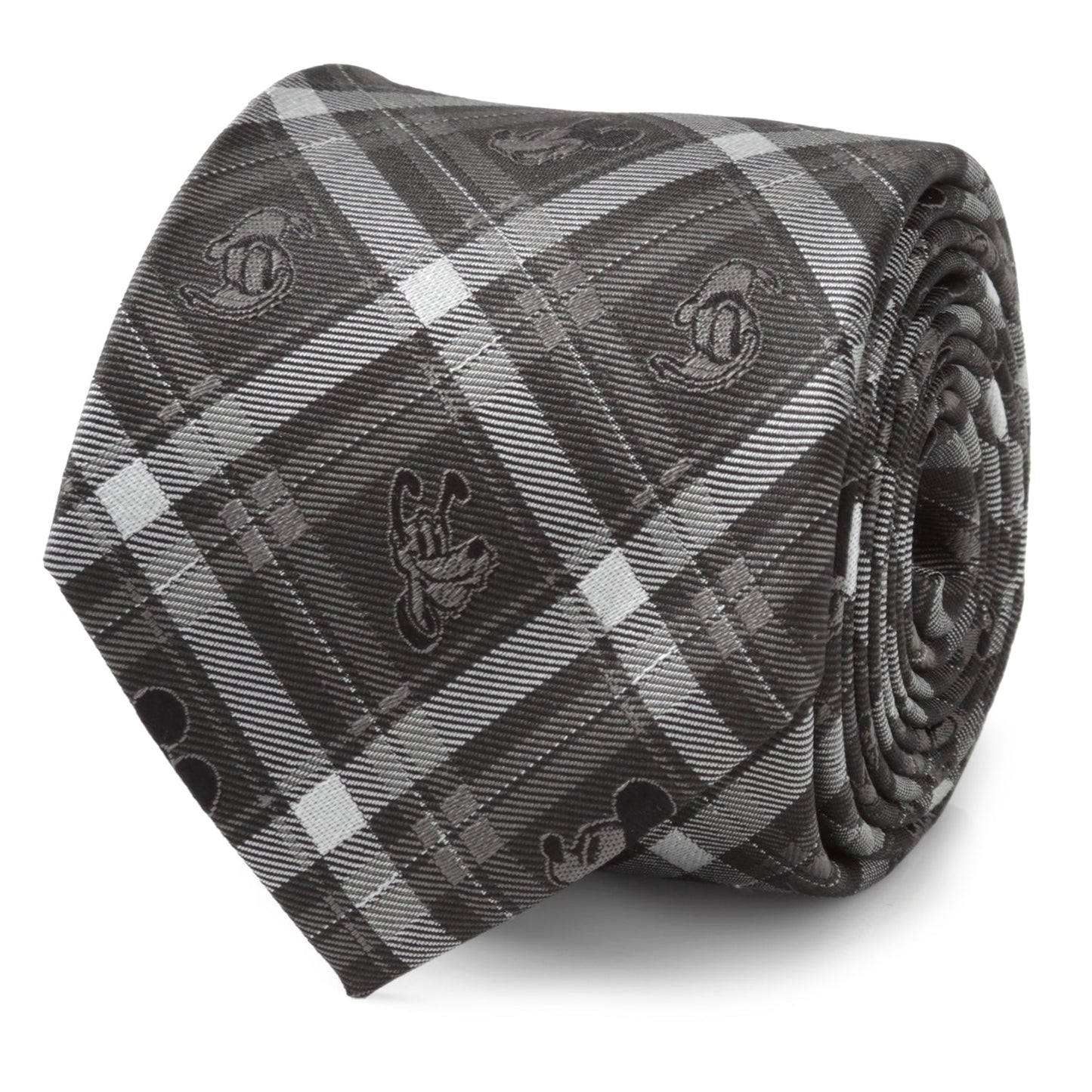 Roll of black and gray plaid fabric with logo on a white background