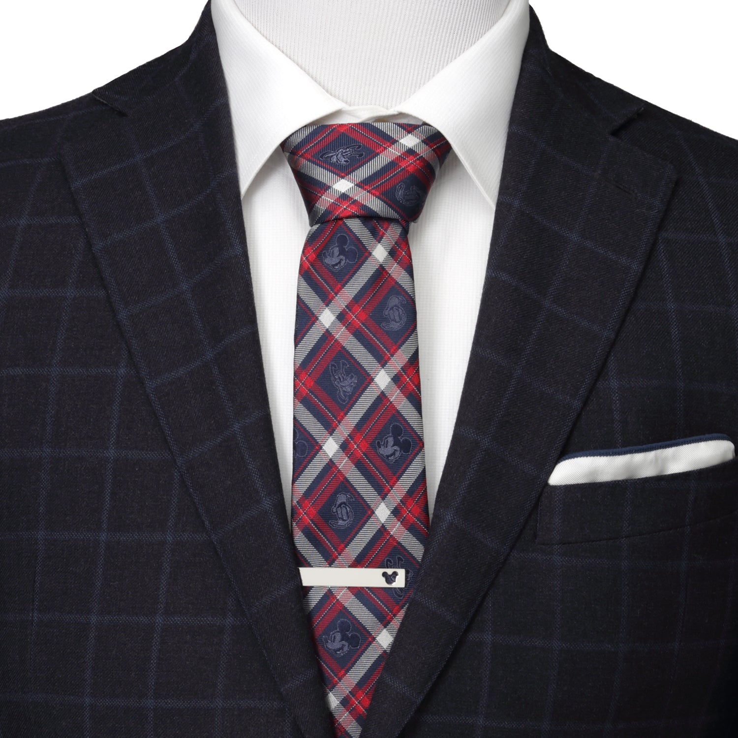 Disney Mickey and Friends Navy Plaid Men’s Tie featuring Mickey, Donald, and Pluto stitched in rich blue and red plaid pattern. Officially licensed by Disney.