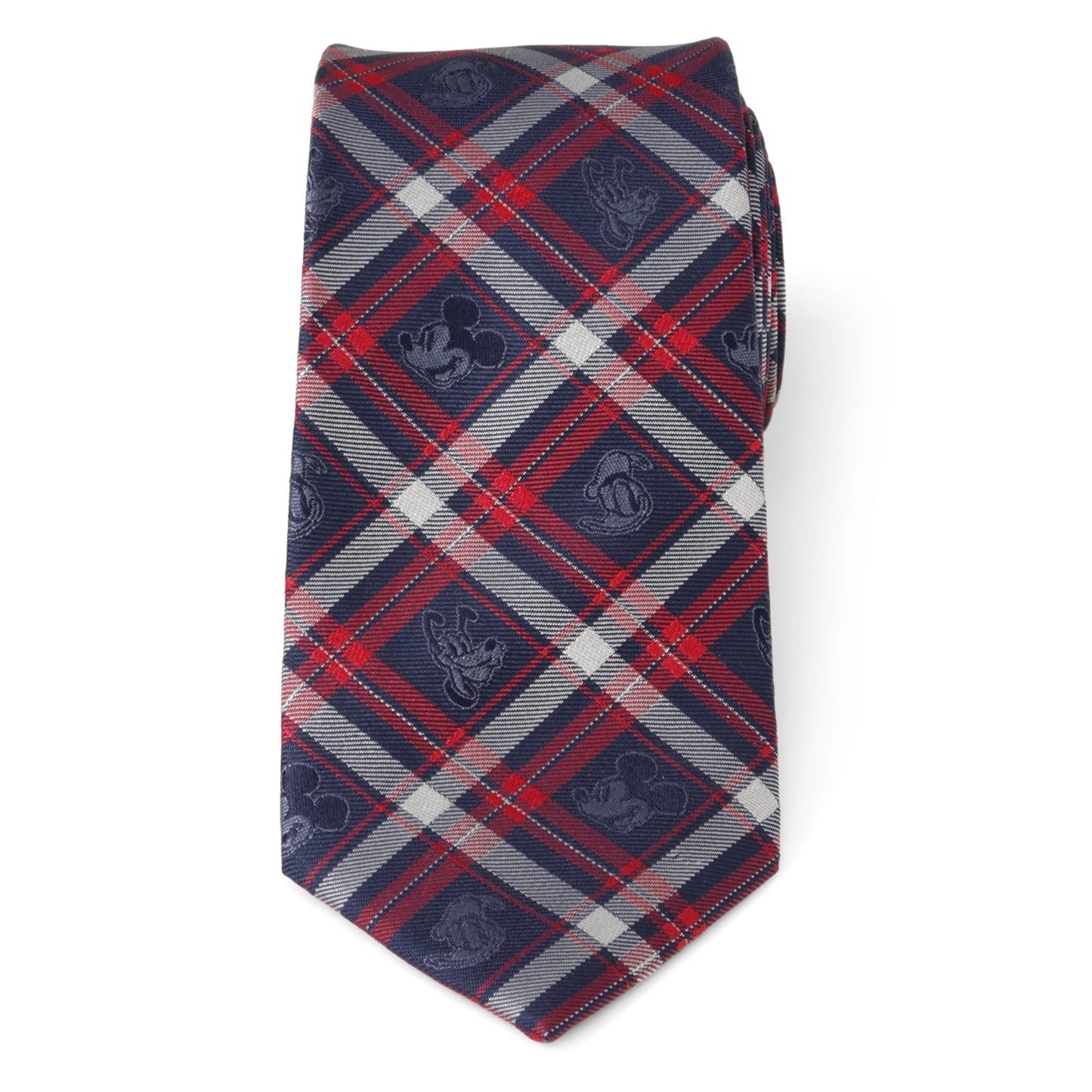 Disney Mickey and Friends Navy Plaid Men’s Tie featuring Mickey, Donald, and Pluto stitched in rich blue and red plaid pattern. Officially licensed by Disney.