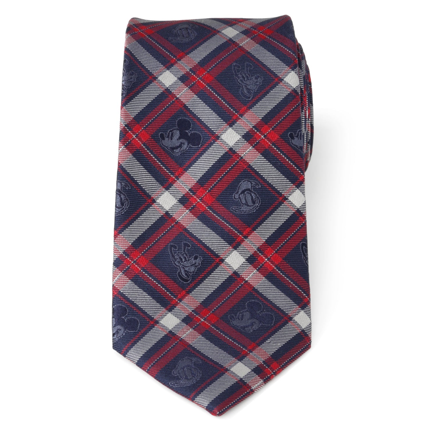 Disney Mickey and Friends Navy Plaid Men’s Tie featuring Mickey, Donald, and Pluto stitched in rich blue and red plaid pattern. Officially licensed by Disney.