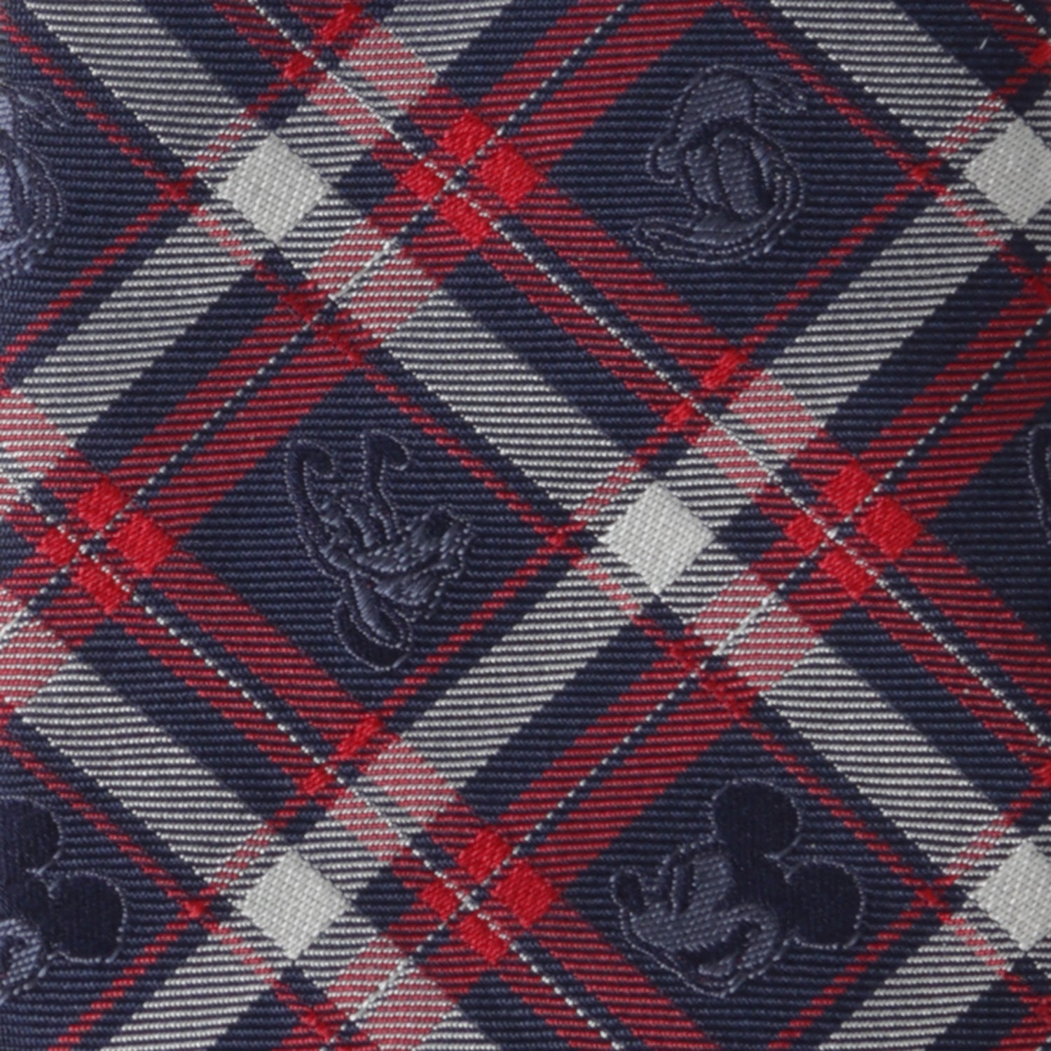 Disney Mickey and Friends Navy Plaid Men’s Tie featuring Mickey, Donald, and Pluto stitched in rich blue and red plaid pattern. Officially licensed by Disney.