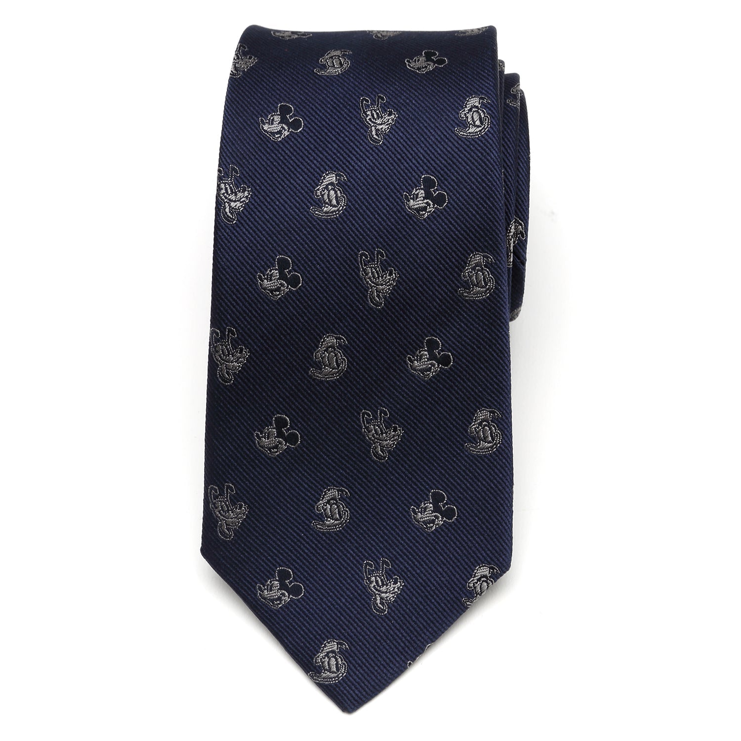 Navy blue tie with repeated pattern on a white background