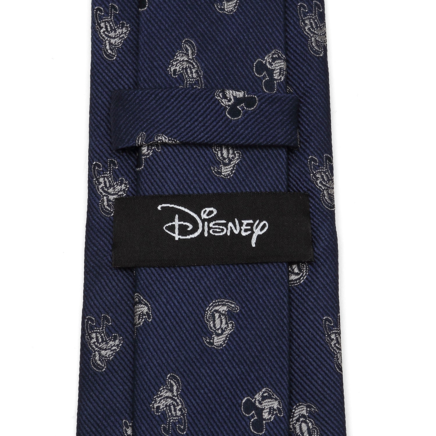 Navy blue tie with white Mickey Mouse icons and Disney logo tag on a white background