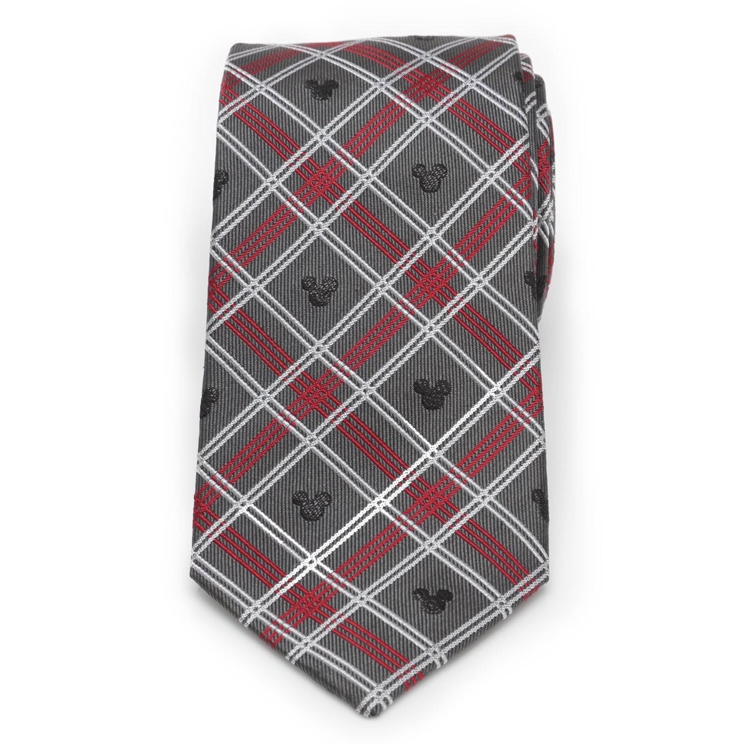 Plaid tie with red and gray diagonal stripes and black mouse head symbols on a white background