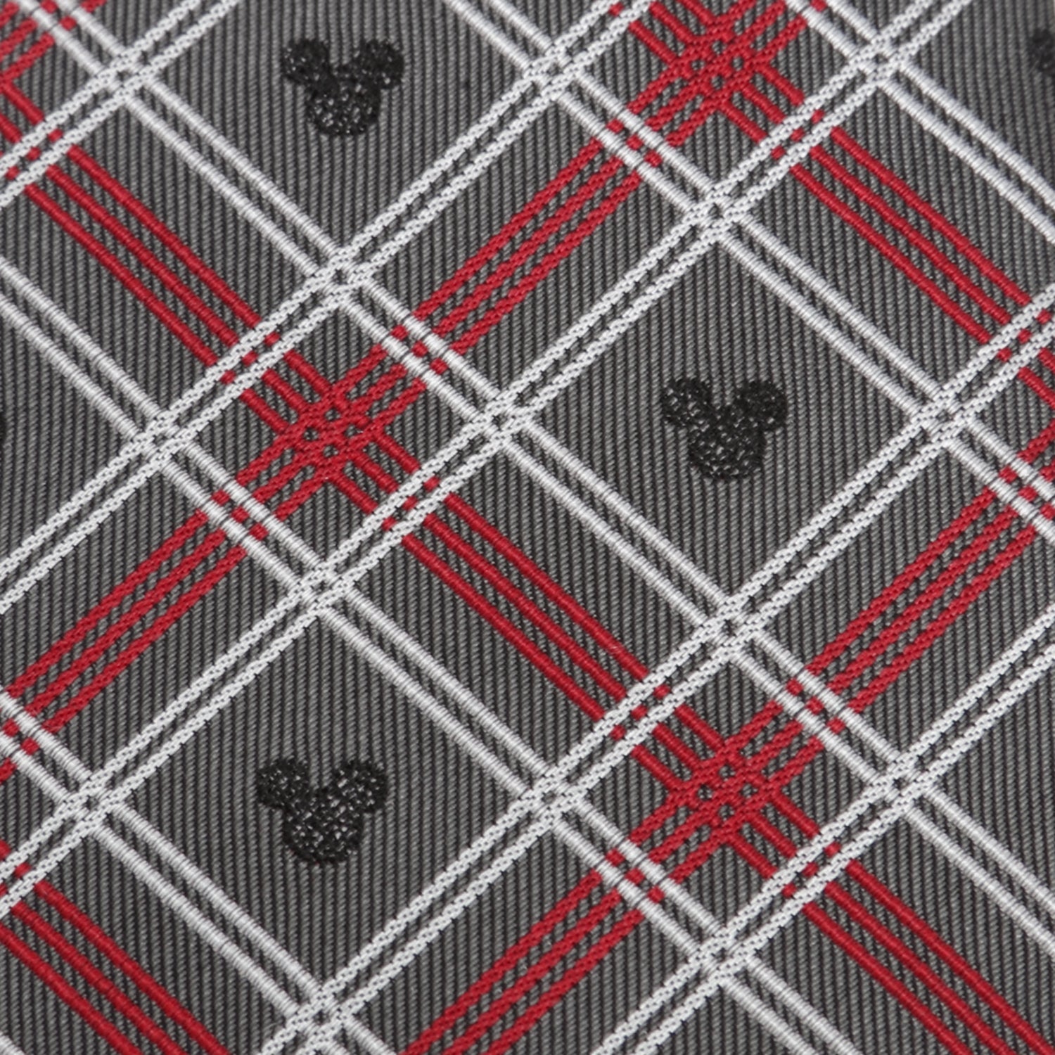 Plaid pattern with black Mickey Mouse heads on a gray and red background