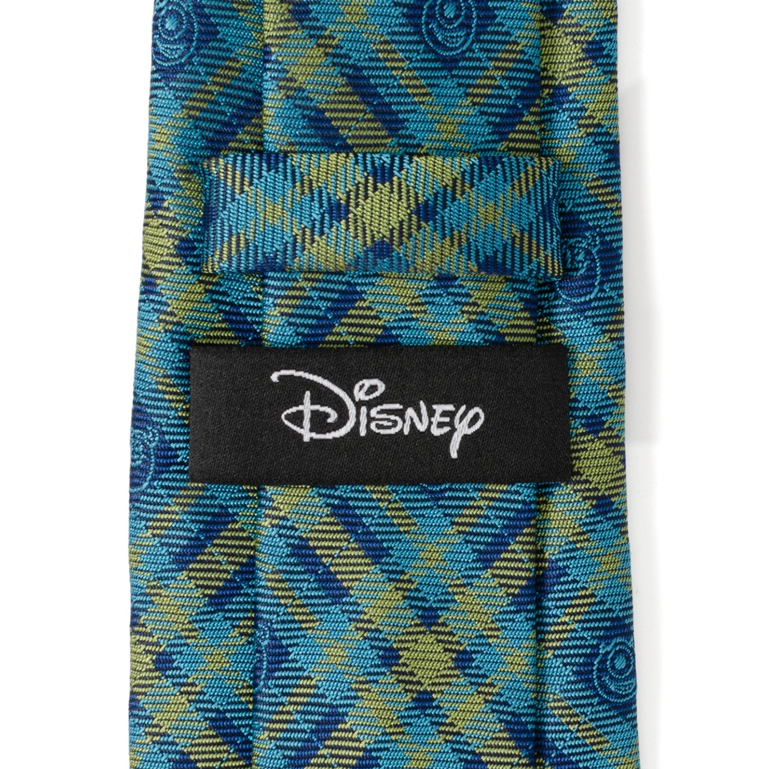 Patterned tie with a Disney logo tag on a white background